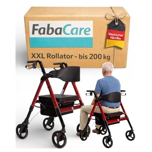FabaCare XXL Rollator Goliat, höhenverstellbar, faltbar, mit Sitz und Rückenlehne, Tasche, Gehwagen, Rollwagen, bis 200 kg, Farbe Rot