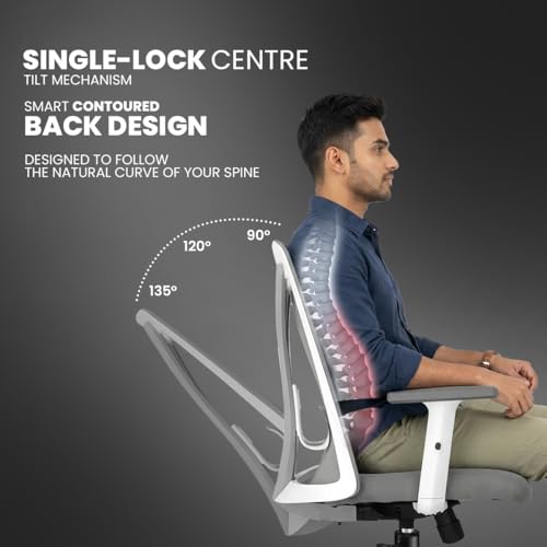 Image of Kepler Brooks Crest Office Chair for Work | 3-Year Warranty | Ergonomic Office Chair, Study Chair for Home, 1D Arms, Adjustable Lumbar, Single Lock Recliner, Heavy Duty Nylon Base (White Grey)