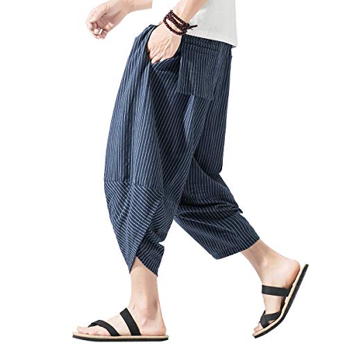 Prijouhe Men's Harem Capri Pants, Wide Leg Mens Capris, Summer Linen Pants B-Navy #TOP3