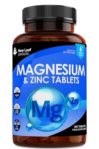 Magnesium Supplements with Zinc 365 Tablets Bones Muscle Immune Support Easy to Swallow Sleep Supplement Vegan GMO-Free Gluten-Free UK Made by new Leaf