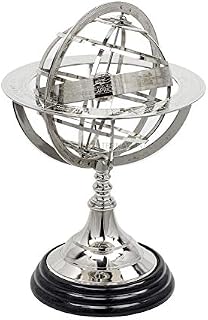 Nagina International Antique Vintage Zodiac Armillary Brass Sphere Globe Wooden Display | Pirate's Antique Ship Decor (Small, Nickel Plated)