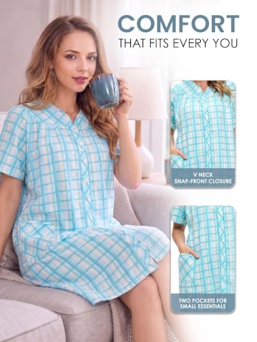 Image of Casual Nights Women's Snap - Front House Dress Short Sleeve Woven Housecoat Duster Lounger Robe with Pockets