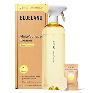BLUELAND Multi-surface All Purpose Cleaner | Spray Bottle with 4 Refill Tablets | Eco Friendly Products & Cleaning Supplies – Fresh Lemon Scent | Makes 4 x 24 Fl oz Bottles (96 Fl oz total)