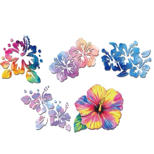 WADORN 5 pièce Fleur D'Hibiscus Autocollant Réfléchissant en Vinyle pour Voiture, Arc en Ciel Floral Hawaïen Imperméables Autocollants pour Vitres de Voiture Camions Boîtes à Outils