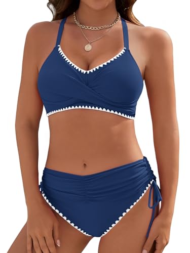 Dridreo Women's Bikini Sets V Neck High Waisted Swimsuits Shell Stitched Two Piece Swimsuit Tie Side Swimwear Navy Blue M