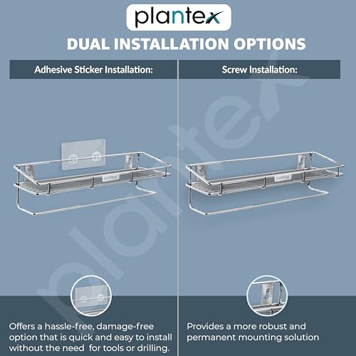 Image of Plantex Self Adhesive Bathroom Shelf /Stainless Steel Shelf with Towel Rod /Napkin Holder /Kitchen Shelves & Racks /Kitchen Stand /Rack (Chrome)