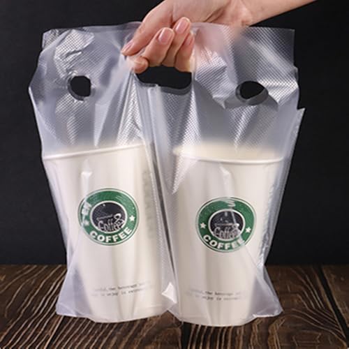 DEAYOU 200 Pack Handle Drinking Poly Bags, Clear Plastic Packaging Bags for Delivery, 12" L x 11" H Hanging Hole Cup Carrier with Handle for Take Out, Beverage, Coffee, Juice, Stores, Hold 2 Cups
