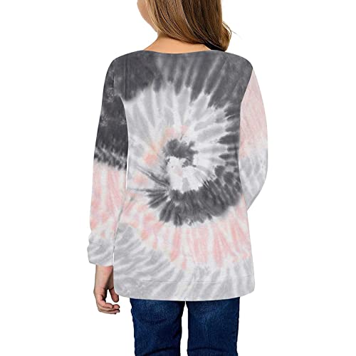 Girls Tie Dyed Tunic Tops Kids Long Sleeve Knot Front Button Casual Loose Pullover Blouse T-Shirt Tee(Gray,12-13 Years)3