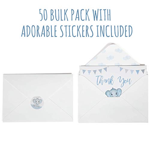Vns Creations 50 Baby Shower Thank You Cards - Boy Baby Shower Thank You Cards- Baby Shower Cards - Elephant Baby Shower Thank You Cards - Baby Boy Shower Card With Envelopes & Stickers (Blue) #TOP2