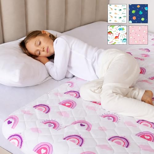 Image of Lynmark Potty Training Mattress Protector Pee Pads for Kids - Waterproof Toddler Bed Wetting Mat for Toilet Training - Non-Slip Washable Bedwetting Topper Absorbs Up to 2000ml - 53 inch x 33 inch, Rainbow