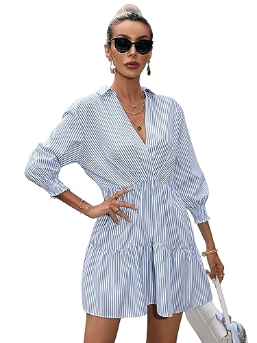 Image of SweatyRocks Women's 3 /4 Sleeve V Neck Collar Striped Dress Casual A Line Ruffle Hem Mini Dresses