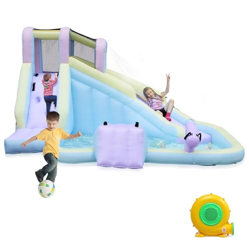 LEADZM Château Gonflable Couleur Macaron avec Souffleur, Piscine, Toboggan, Mur d'escalade, pour Extérieure/Intérieure, 400x300x230cm