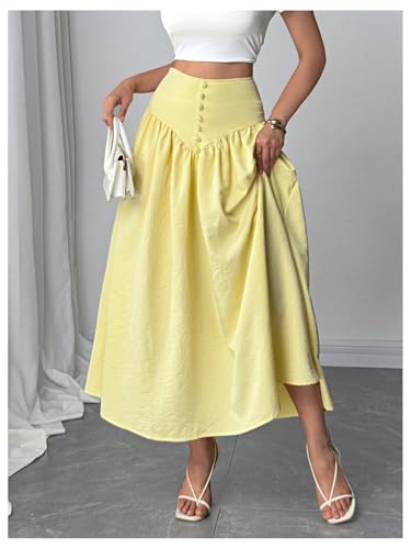 MakeMeChic Women's Linen Skirt High Waist Button Ruffle Hem A Line Flowy Maxi Skirts3