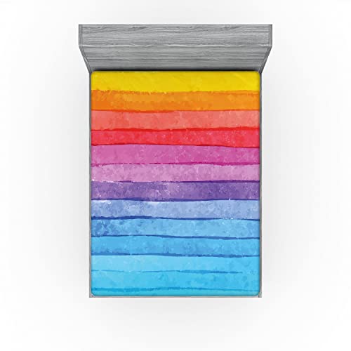 Lunarable Abstract Fitted Sheet, Rainbow Colored Horizontal Striped Lines Vibrant Hand Drawn Design, Soft Decorative Fabric Bedding All-Round Elastic Pocket, Queen Size, Blue Yellow #TOP2