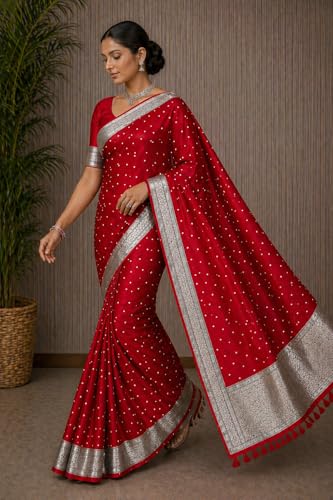 Image of Women's Glory Kanjivaram Banarasi Silk Saree with Polka Dot Embroidery Blend Woven Zari with Jacquard Woven Unstitched Blouse Piece.