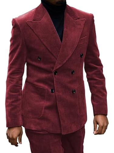 Mens Double Breasted Corduroy Suit 2 Piece Blazer with Pants Set for Casual,Wedding