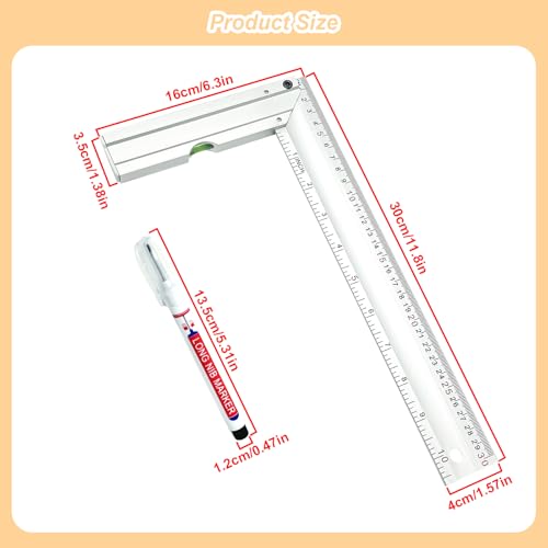 Xpieoyrm 300mm Anschlagwinkel mit Markierungsstift, Schlosserwinkel Metall Schreinerwinkel, Exakter Schreinerwinkel mit Messskala und Wasserwaage, für Präzise Arbeiten im Metallbau und Werkstatt