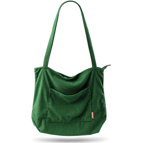 Captain Blues Cord Tasche Damen Umhängetasche mit Reißverschluss, Shopper Tasche Schultertasche Damen Groß Tote Bag für Arbeit, BüRo, Reisen, Einkaufen, Schule, Uni und Alltag (Grün)