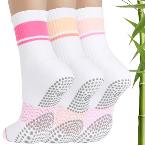 Pilates Socks with Grips for Women – Bamboo Non-Slip Crew Socks for Yoga, Ballet, Barre, Workouts & Diabetic – Ideal Christmas Gift