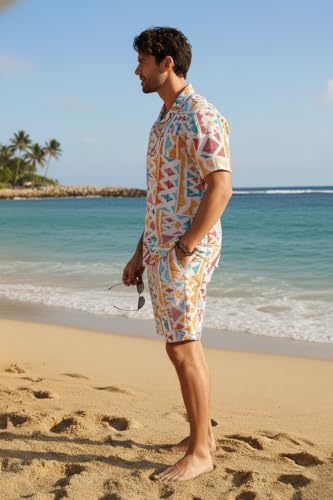 Image of Zilcon Men's Matching Set Summer Beach 2 Piece Outfits Floral and Palms Button Down Shirts and Shorts Goa Vacation Outfits