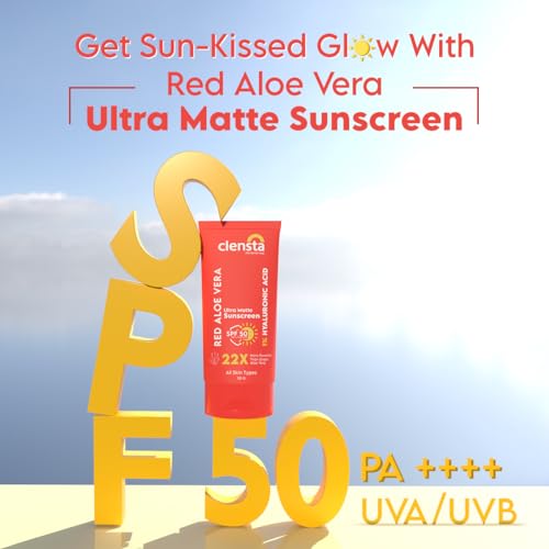 Image of Clensta Red Aloe Vera Ultra Matte SPF 50 Sunscreen With 1% Hyaluronic Acid PA++++ UVA /UVB | All Skin Type | Women & Men | 50g