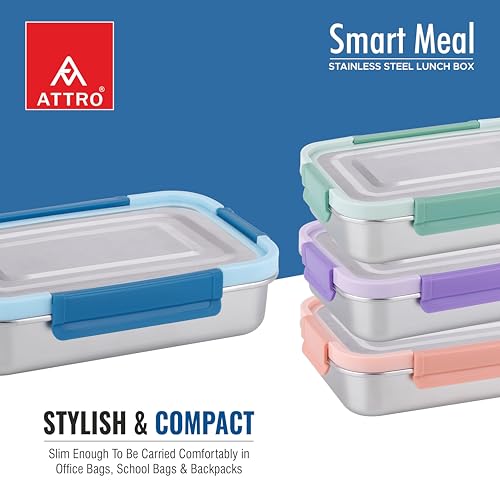 Image of ATTRO Smart Meal Medium Stainless Steel Lunch Box with 1 Small Container Airtight Spill-Proof BPA Free Food Grade Ideal for Office, School, Picnic- Blue-800ml+170ml