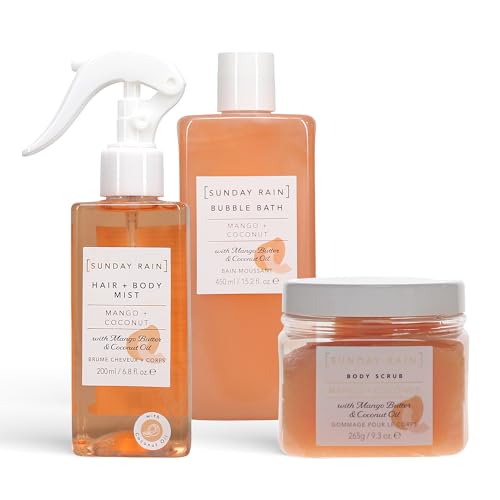 Sunday Rain Mango & Coconut Bundle, Nourishing Luxury Uplifting Tropical Bubble Bath 1 x, 450ml, Polishing Body Scrub for Extra Smooth & Soft Skin 1 x, 265g, and Refreshing and Fruity Hair & Body Mist