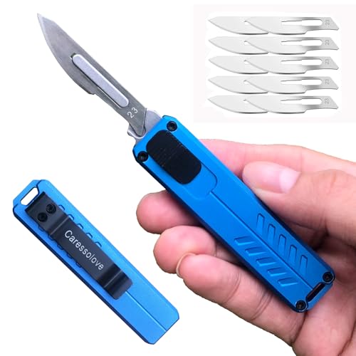 Automatic Utility Knife, Safety Black Box Cutter Retractable, EDC Push Button Knife, Exacto Scalpel Knife, 10PCS #23 Razor Blades Pocket Knife with Clip (Blue)