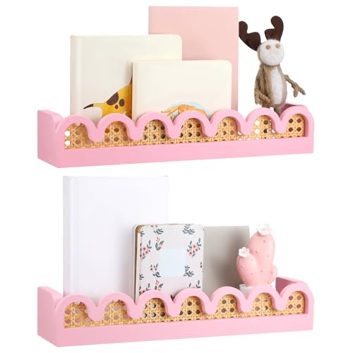 Pinkunn 2 Pcs Scalloped Rattan Wall Shelf Wood 15.75...