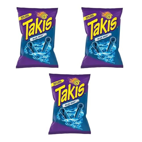 Takis Blue Heat 3×100 g Gerollte Maischips mit Chili-Geschmack Extra scharf Blauer Mais Snack