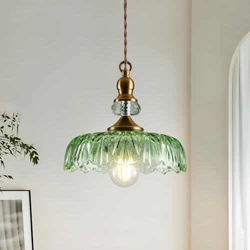 CVKASH Vintage Glass Pendant Light Fixture Green Adjustable Chandelier Modern Gold Hanging Ceiling...