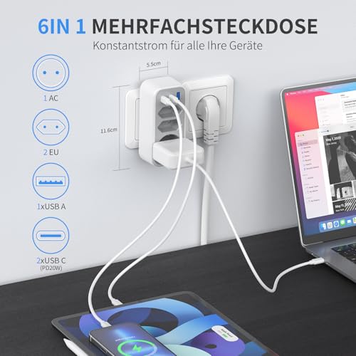 6 in 1 Mehrfachstecker Doppelstecker für Steckdose Mehrfachsteckdose mit 3 USB STGAROT 4000W/16A 3 Fach Steckdosenadapter mit 2 PD20W USB-C Mehrfachstecker für Steckdose 2