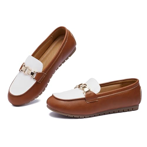 Image of VERDASCO Womens Loafers Casual Slip On Flat Shoes Moccasins Penny Loafers Comfortable Bussiness Dress Shoes Leather Brown White 6