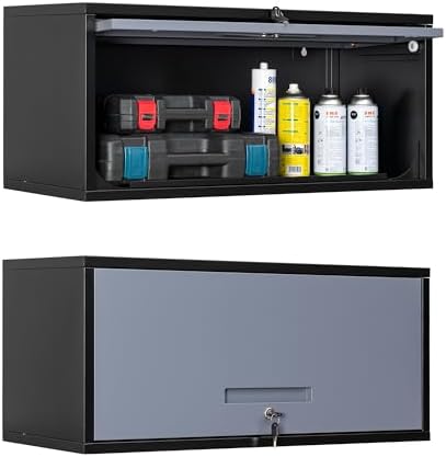 Yizosh Metal Garage Wall Cabinet with Doors, Wall Mounted Metal Storage Cabinet, Floating Garage Tool Cabinet for Garage, Basement, Kitchen, Warehouse (Black Gray, 13.7" H)