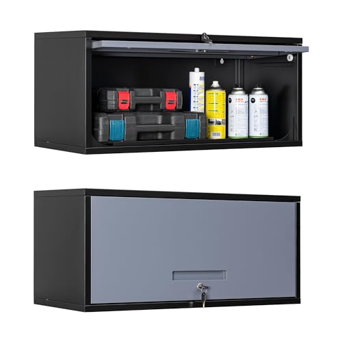 Yizosh Metal Garage Wall Cabinet with Doors, Wall Mounted Metal Storage Cabinet, Floating Garage Tool Cabinet for Garage, Basement, Kitchen, Warehouse (Black Gray, 13.7