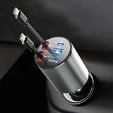 【電圧計一体型】 VIKNAN 巻き取り式充電ケーブル 車 充電器 タイプc 2本 シガーソケット 4台同時充電可能 車載充電器 カーチャージャー 急速充電 電圧表示 12V/24V対応 iPhone/Android対応