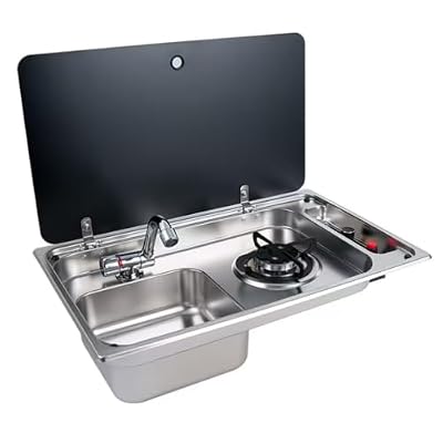 GYPSYFY RV Gas Stove Sink Combo, Right Burner Left Sink Drop-in 1 Burner Cooktop with Tempered Glass Lid & Folding Hot Cold Faucet, for Camper Van Trailer Boat Caravan Conversion