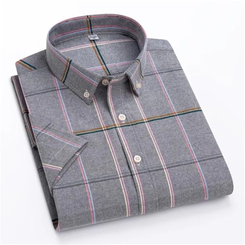 Larger Size Classic Men's Short Sleeve Shirt 100 Percent Oxford Cotton Casual Soft Plaid Stripe Solid Slim Fit4