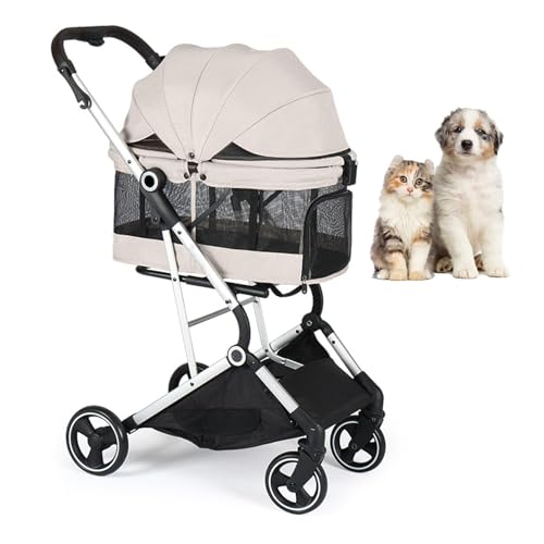 小型犬用ペット用ベビーカー 折りたたみ式ジョガーキャットベビーカー、収納バスケット付き、取り外し可能なライナーとカップホルダー付き旅行用子犬用ベビーカー,White b