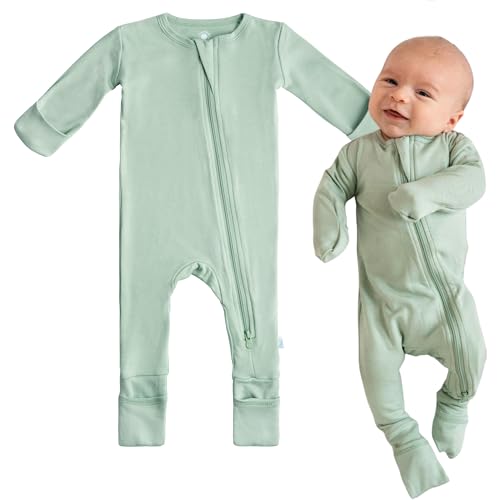 Image of Dreamland Baby Bamboo Viscose Baby Pajamas (0-9 months). Ultra Soft Viscose Sleepers with 2-Way Zipper, Mitten & Foot Cuffs