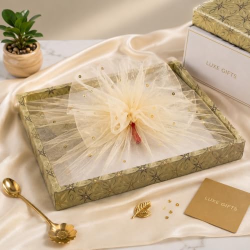 Image of Awestuffs Premium Gift Box Set of 2 with Ribbon Closure, Luxury Decorative Gift Packaging Boxes for Birthday, Wedding, Anniversary, Festival, Return Gifts, Corporate Gifting & Special Occasions (Golden, Gift Tray)