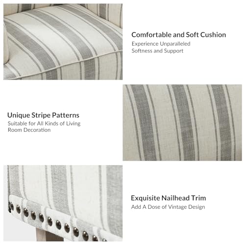 Sillón acolchado gris con patas de madera y rayas miniatura 5