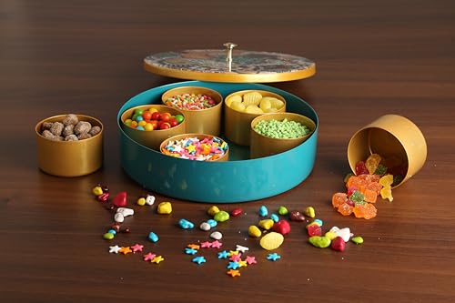 Image of R Ayurveda Copper Metal Magnetic Steel Handcrafted Spice Box Set For Kitchen With Spoon (7 Containers, 40 Ml each) - Masala Box size 8 Inches diameter For Kitchen and Candy organization