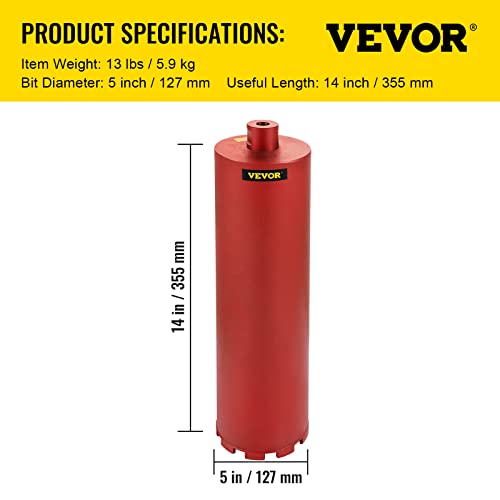 Vevor Diamond Core Drill, 5"/127Mm Diameter Core Drill Bit, 14"/355Mm Concrete Core Drill Bit, 5/8"-11 Thread Core Bit, Dry/Wet Drill Core Bits W/A Blade, Diamond Wet Coring Bit For Concrete Brick #TOP6