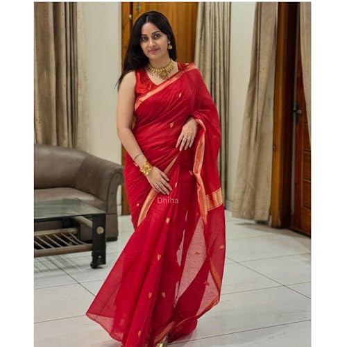 Image of Original Maheswari Cotton Silk Saree for Women | Kanjivaram Pure Silk Cotton Sari with Blouse | Zari Work | Tassels | Handloom Weave