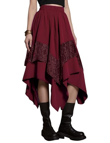 Yimoon Womens Renaissance Skirt Lace Tiered Asymmetrical Flowy Fairy Long Skirt High Waist Gothic Midi Skirts