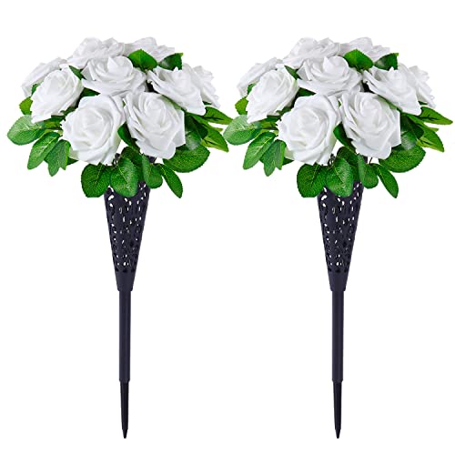 Ruteck Artificial Cemetery Flowers With Grave Vases Fake Rose Silk Floral Decor For Diy Funeral Graveside Memorial Indoor Outdoor Garden Lawn Tombstone, White (Tr-Fl002) #TOP2