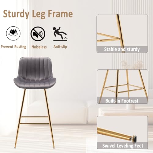 Image of Sidanli Gold Bar Stools Set of 2, 29 inch Velvet Barstools, Kitchen Chairs for Bar Height with Back and Footrest, Gray