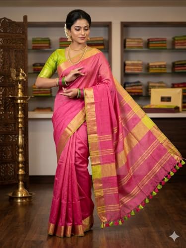 Image of STB-SILK TEXTILES BHAGALPUR Women's Linen Slub Saree With Contrast Blouse Piece