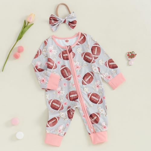 2Pcs Baby Girl Football Outfits Long Sleeve Flower Print Jumpsuit Romper with Headband Set Infant Clothes3